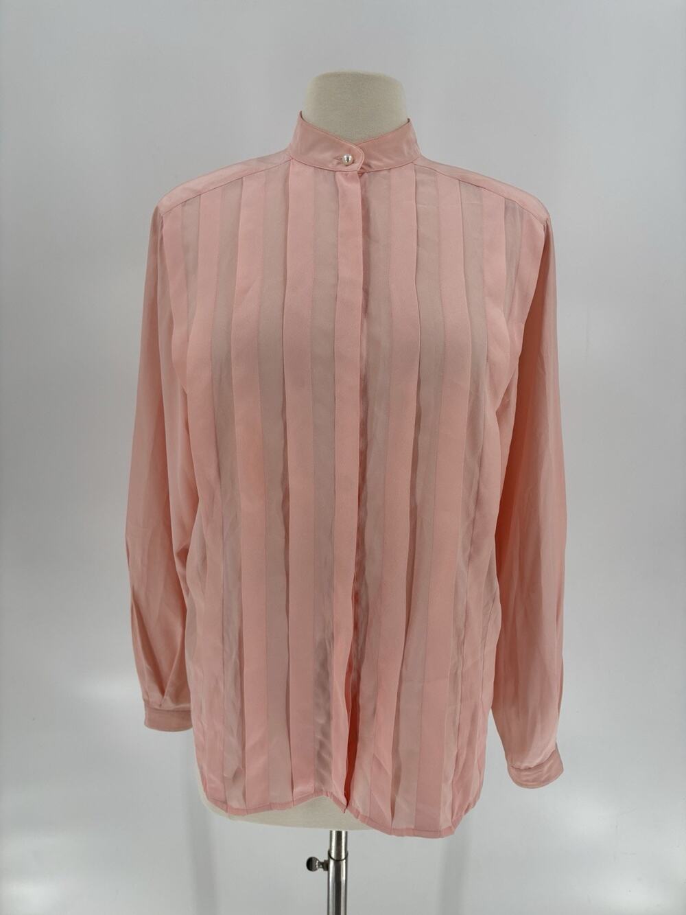 Vintage 80s Christian Dior Blouse Womens 10 Pink Sheer Pleated Pearl Buttons